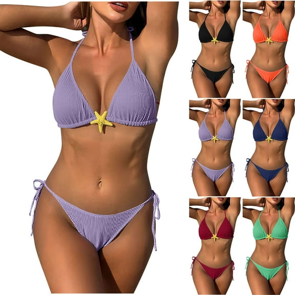 UTSJKR Women Two Piece Swimsuit Sexy Swimwear Halter String Triangle Bikini Sets Solid Summer Beach Bathing Suits Purple S