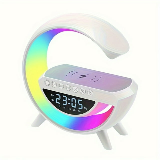 Lampe de Chevet à DEL avec Fonction de Chargement, Lumière d'Ambiance, Chargeur Sans Fil 15 W, Lampe de Bureau à DEL avec Haut-Parleur Bluetooth, Veilleuse à Intensité Réglable, Réveil Lumineux pour Chambre, Décoration Intérieure