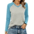 thumbnail image 6 of Color Block Raglan Sleeve V Neck Contrast Dark Green Sleeve Curved Hem Long Sleeve Casual Baseball Tee for Women Spring Fall Basic Layering Top, 6 of 7