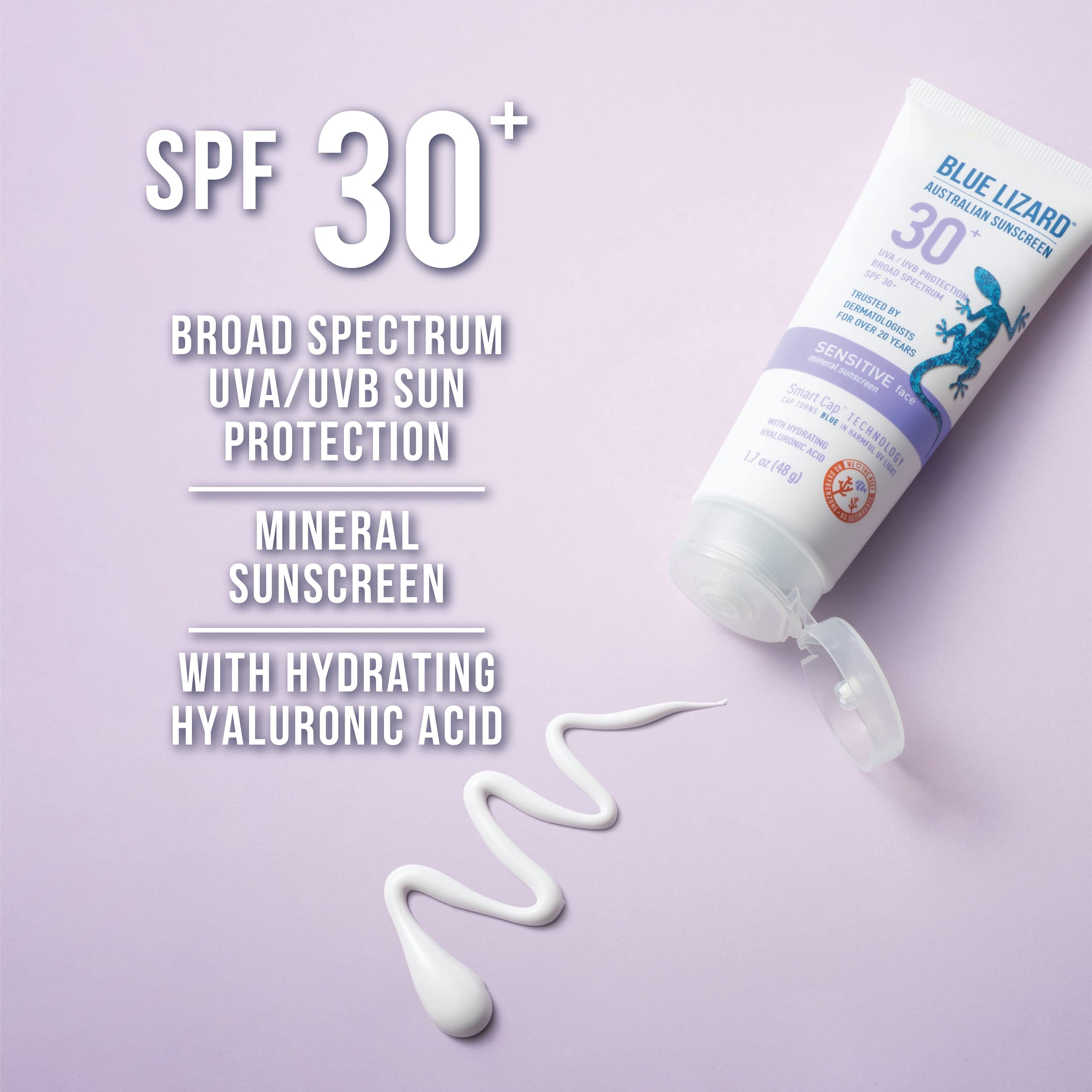 Blue Lizard Sensitive FACE Mineral Sunscreen with Zinc Oxide and Hydrating Hyaluronic Acid, SPF 30+, Water Resistant, UVA/UVB Protection with Smart Cap Technology - Fragrance Free, 1.7 oz.