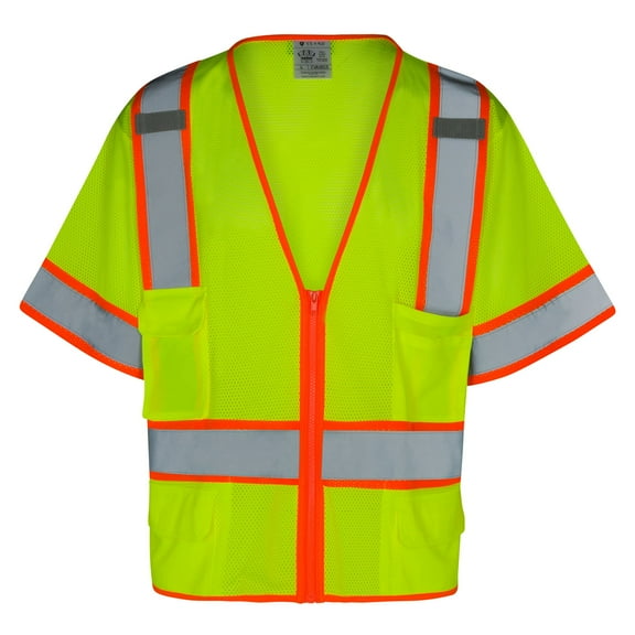 Everyday ANSI Class 3 with Contrast with 6 Pockets Short Sleeve Zipper Vest (LIME)