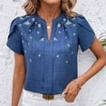 thumbnail image 4 of Tops de Color Sólido para las Mujeres Blusa de Manga Corta Plisada Hueca, Cuello de Pie Top de Moda Casual, 4 of 9