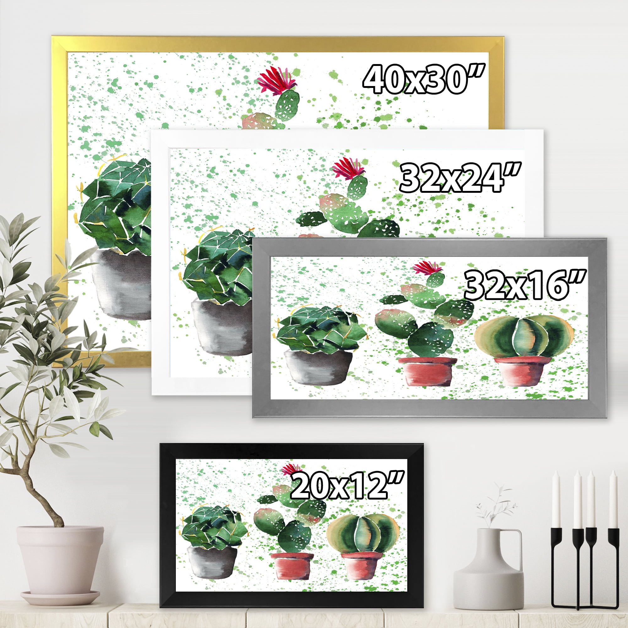 Designart 'Three Cacti In Clay Pots With Green Dots' Traditional Framed Art Print