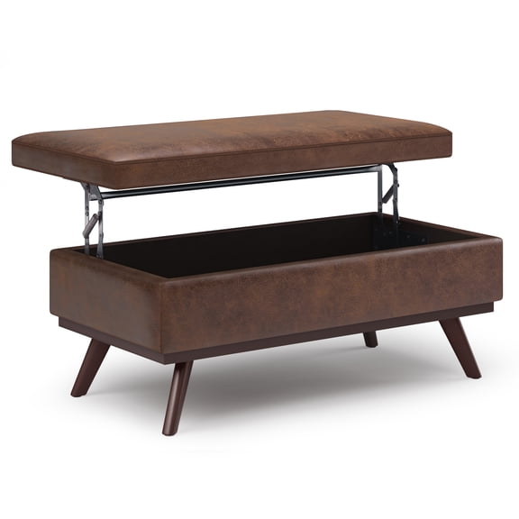 Owen 42 inch Wide Mid-Century Modern Lift Top Large Coffee Table Storage Ottoman in Distressed Chestnut Brown Vegan Leather