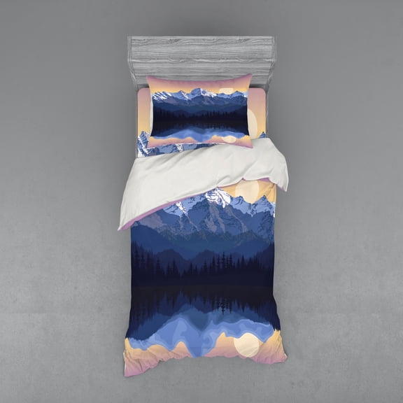 Ambesonne Landscape Bedding Set 3 Pcs, Mountains Illustration, Twin, Dark Blue and Champagne