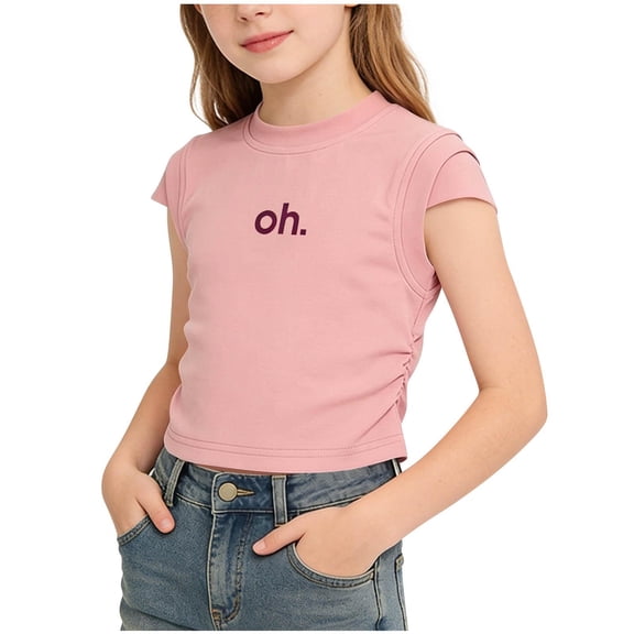 OGLCCG Girl's Cute Summer T Shirt Letter Printed Crew Neck Side Ruched Fitted Short Sleeve Crop Tee Top Lightweight Cotton Tshirts 1-12 Years