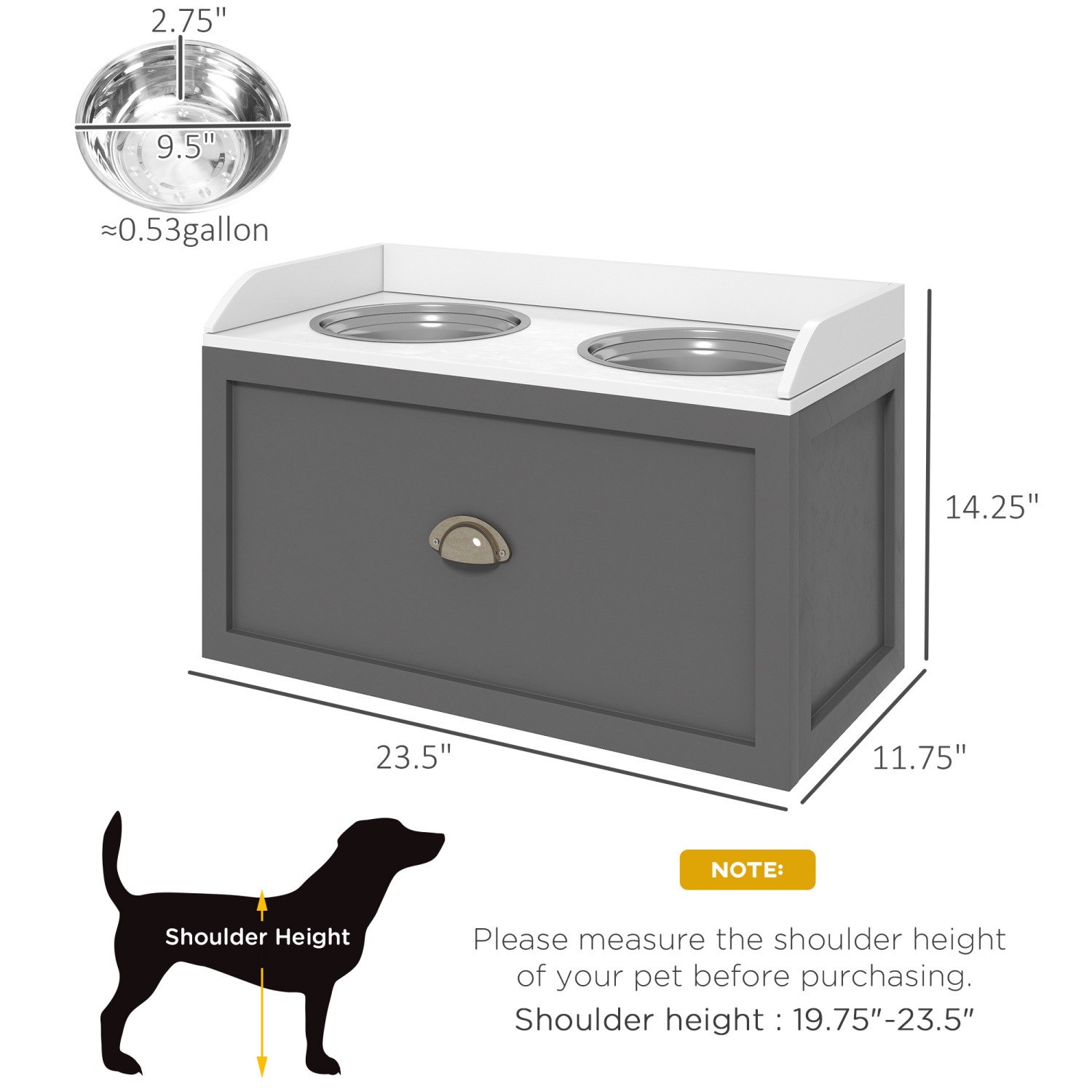 Large Elevated Dog Bowls With Storage, Raised Dog Bowl Stand, Gray