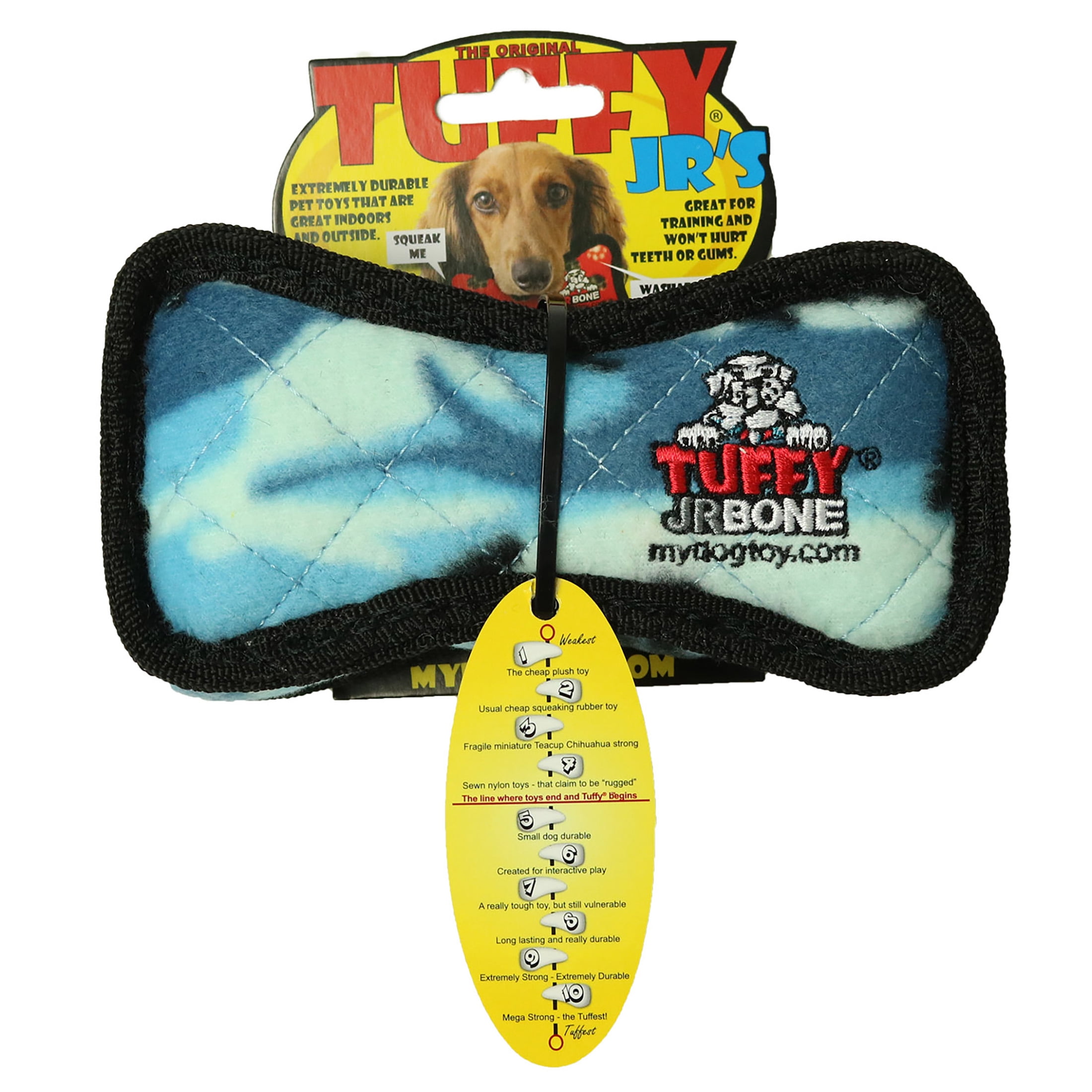 Tuffy Junior Bone2 Camo Blue Durable Plush Squeaky Dog Toy