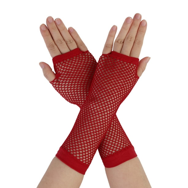 Accesorios de disfraz de fiesta de malla sin dedos para mujeres de los años 1980, guantes de red 2 pares rojos largos-2 pares