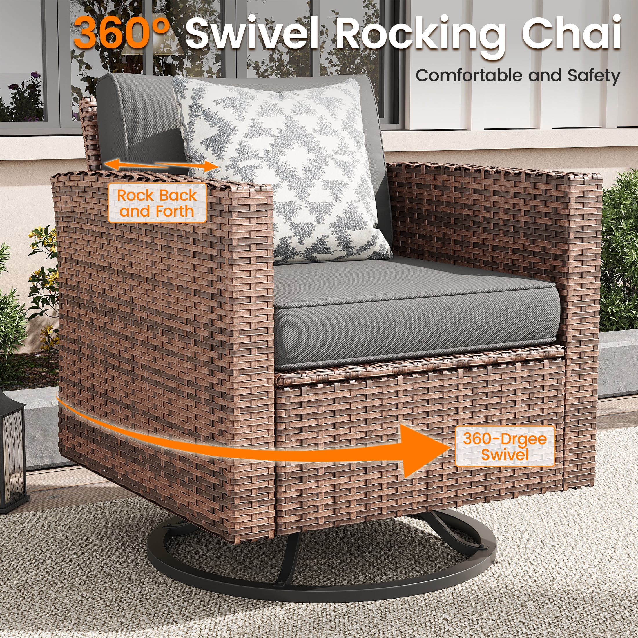 Poteban Patio Set, 6 Pieces Outdoor Furniture Sets with Rocking Swivel Chairs, Wicker Rattan, Waterproof Covers for Backyard