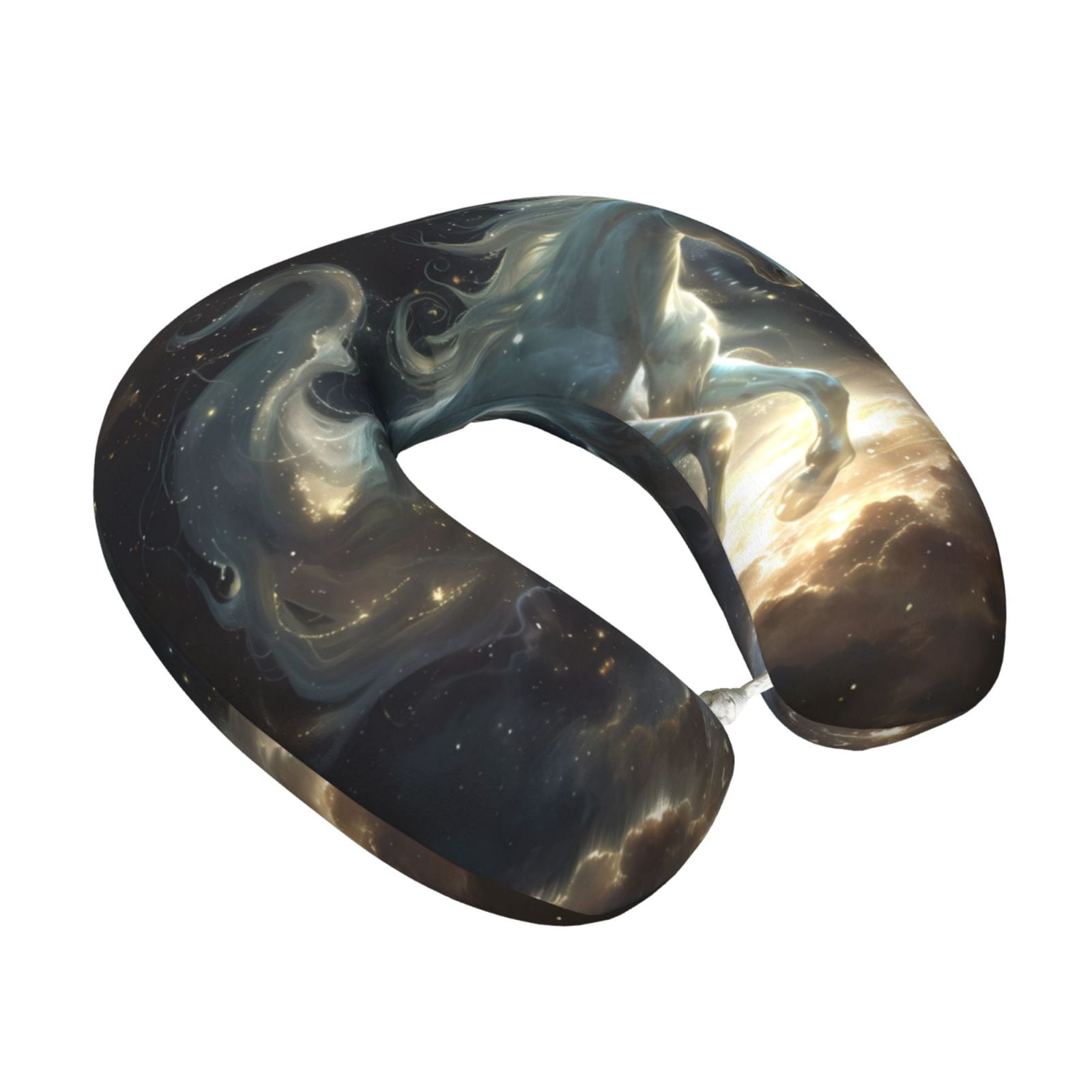 Xecao Space White Horse Print Memory Foam Cervical Neck Pillow Versatile U-Shaped Pillows for Home,Office,Camping,Travelling,Soft Washable Cover