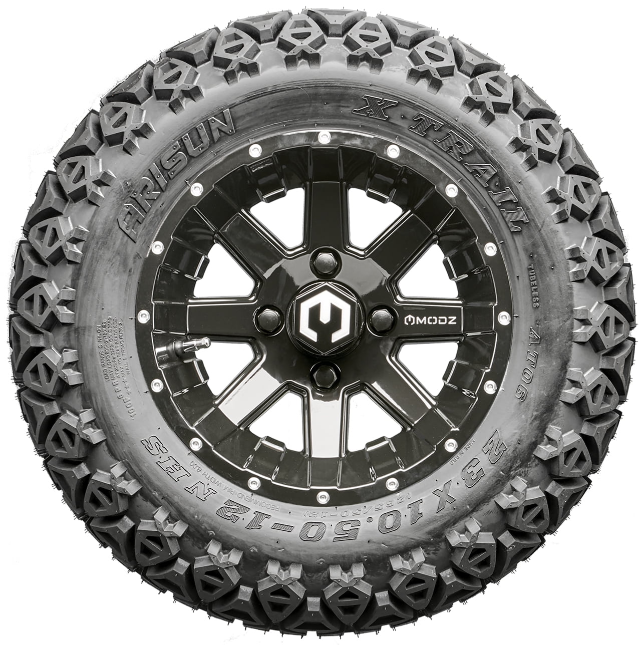 Golf Cart Wheels and Tires 12" MODZ Assault Glossy Black W/ Ball Mill