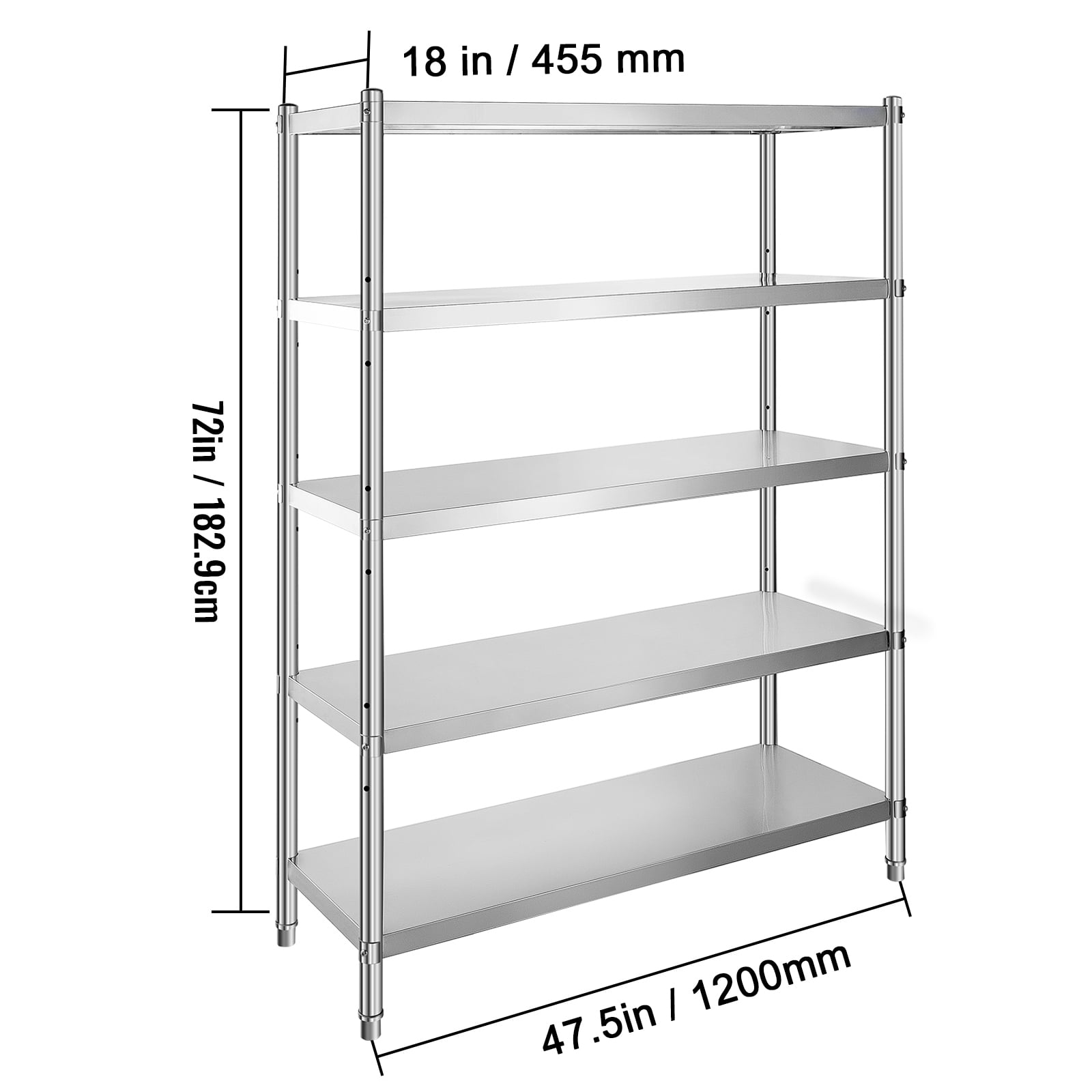 KFFKFF 48x18.5 inch 5 Stainless Steel Shelving Tier Unit Stainless Steel Heavy Duty Shelving Adjustable Shelf Storage for Kitchen Commercial Office Garage Storage 330lb per shelf