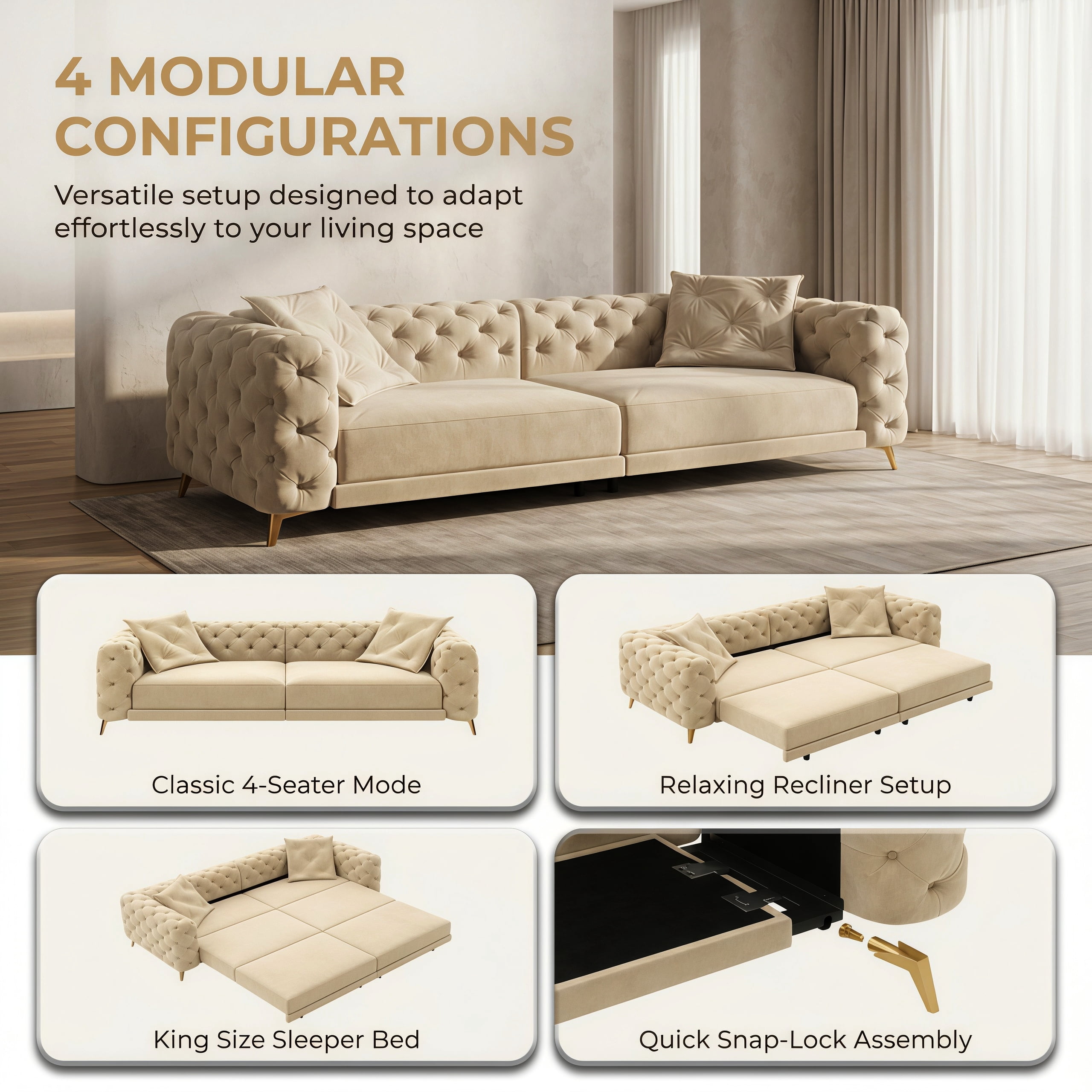 3-in-1 Velvet Sleeper Sofa Bed, 97.7" Modern Button Tufted Convertible Pull Out Couch with Gold Metal Legs & Deep Seat for Living Room, Camel