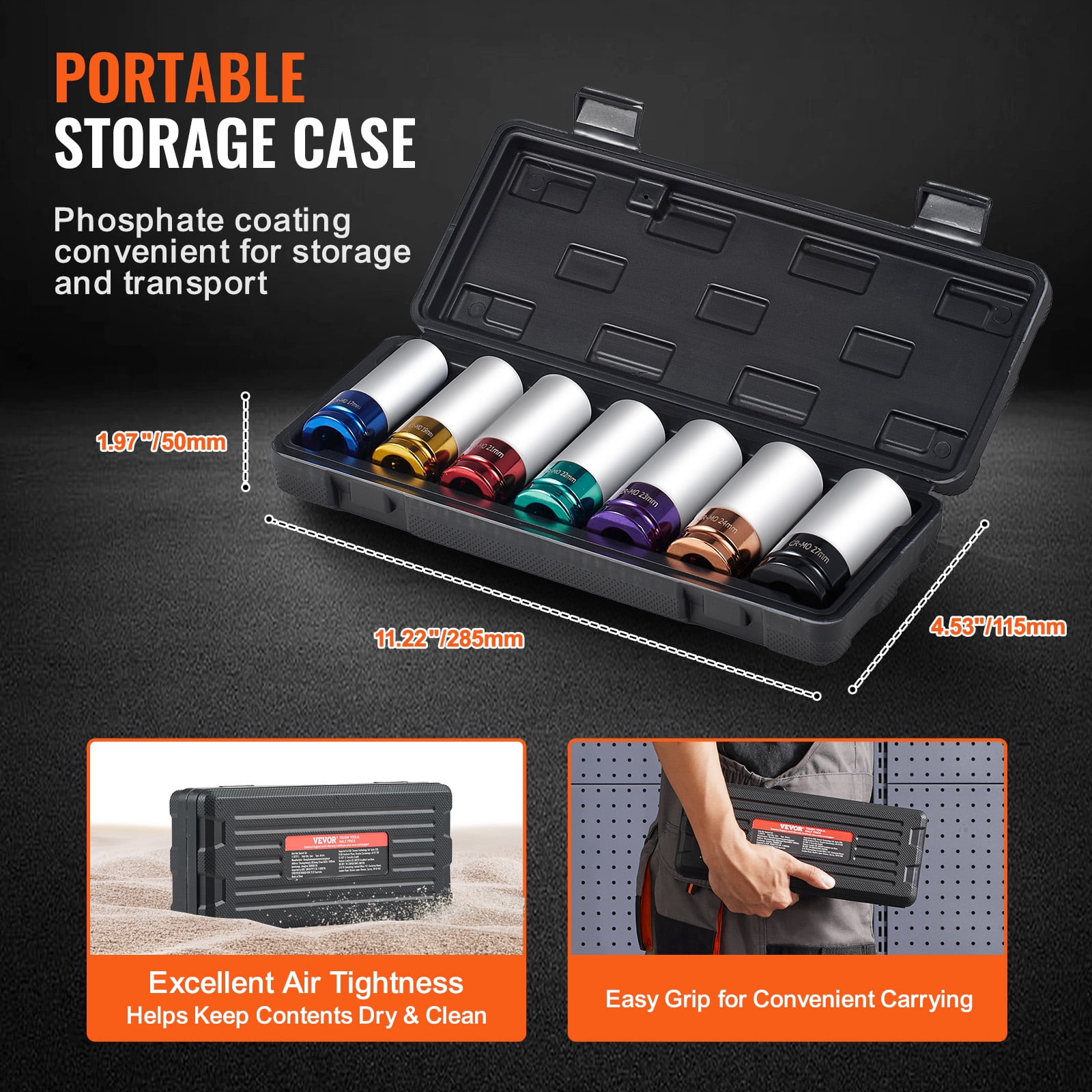 VEVOR Lug Nut Impact Socket Set, 1/2 inch Drive Metric 6-Point Deep Socket Set, 7 Total Lug Nut Sizes 17/19/21/22/23/24/27mm, CR-MO Steel Wheel Socket Set with Storage Case, for Auto Repair