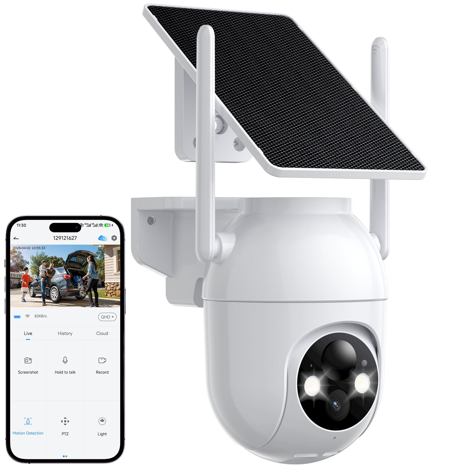 Security Cameras Wireless Outdoor WiFi, Solar Battery Powered, 360Β° View, AI Human Detection, Color Night Vision, 2-Way Audio, Real-Time Alerts, IP66 Waterproof, SD/Cloud Storage White