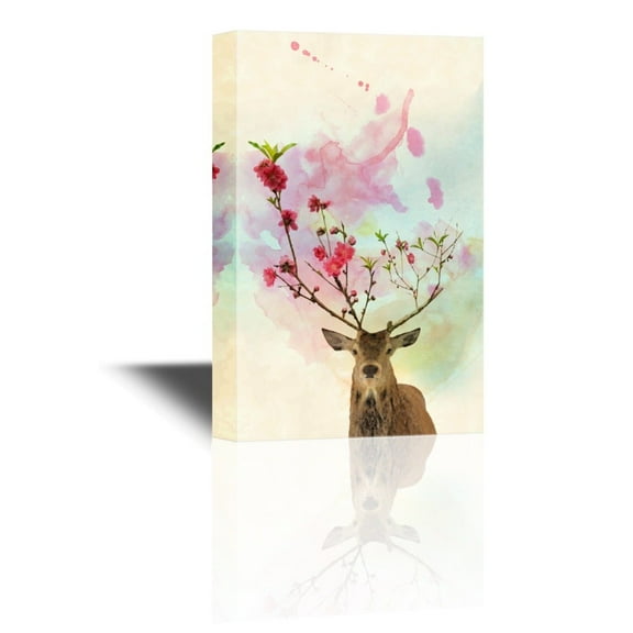 wall26 - Canvas Wall Art - Deer with Flowers in Antlers - Gallery Wrap Modern Home Art | Ready to Hang - 12x18 inches