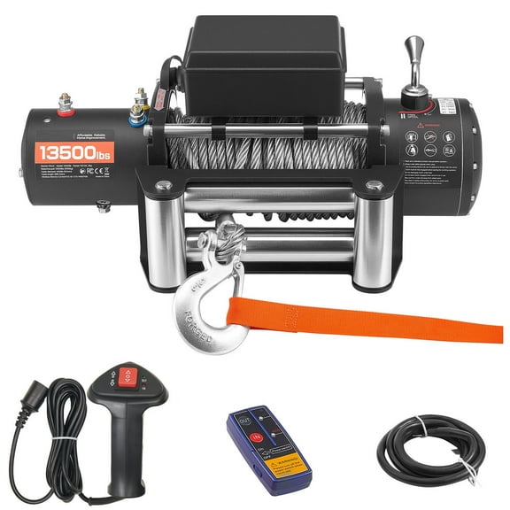 KFFKFF Electric Winch, 13500 lbs Capacity, 12V DC Truck Winch with 3/8 in x 80 ft Steel Cable, Dual Remote Control Options, IP55 Water-Resistant Design for Towing SUVs, Jeeps, Trailers, Boats