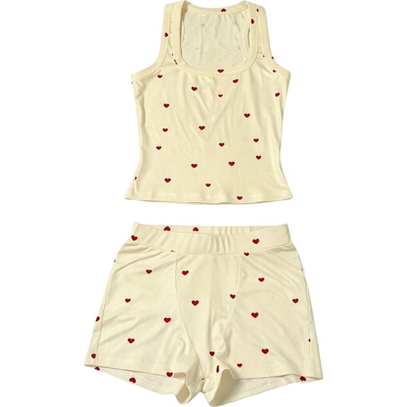 Sewkxo Womens Heart Pajama Sets Casual Sleeveless Tank Top and Shorts Ribbed Knit 2 Piece Lounge Set, Comfy Home Wear,Yellow XL