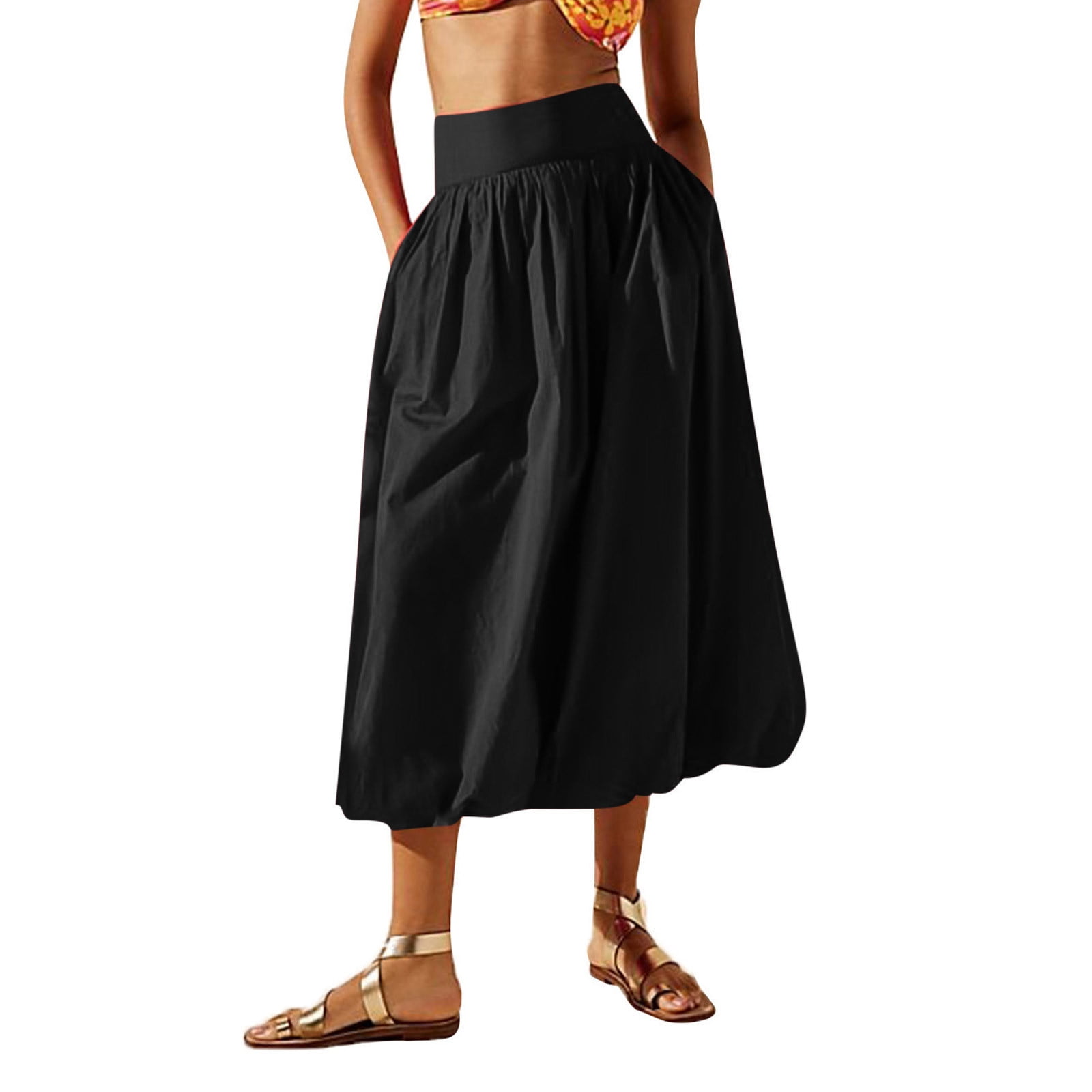 Women Bubble Maxi Skirt Summer Elastic High Waist a Line Long Skirt Casual Ruffle Pleated Midi Half Dress with Pockets Black XL