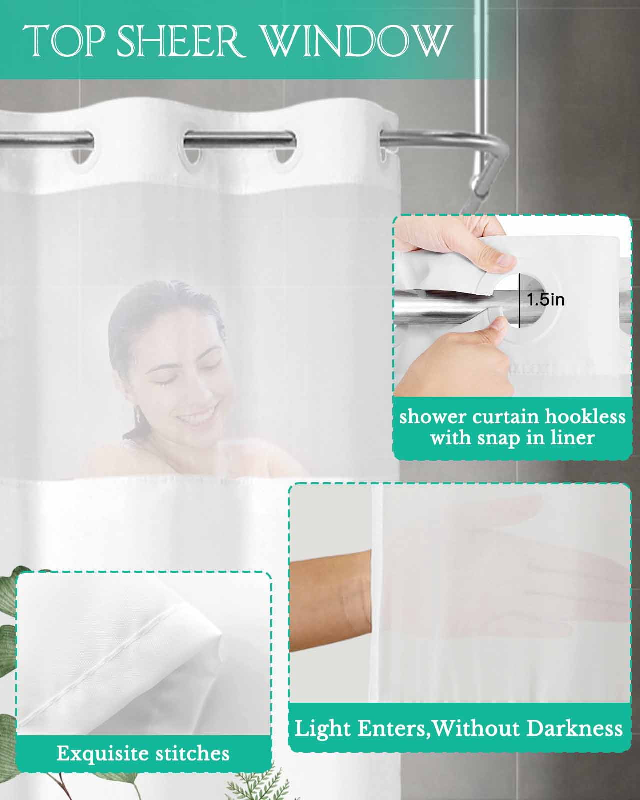 No Hook Shower Curtain with Snap in Liner, Green Fern Plant Leaves Hotel Shower Curtains for Bathroom, Washable Shower Curtain Liner Set with Mesh Top Window, 72"x72"