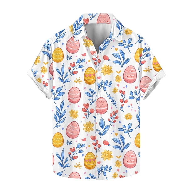 Blusas y camisas de manga corta con cuello en V Camisa estampada de Pascua para hombre Camisa abotonada Top de poliéster para hombre