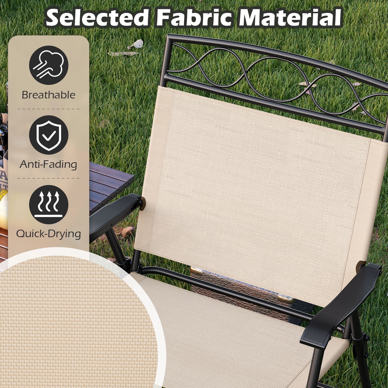 Gymax 4 Pack Patio Folding Chairs w/ Backrests & Armrests Metal Frame Outdoor Beige