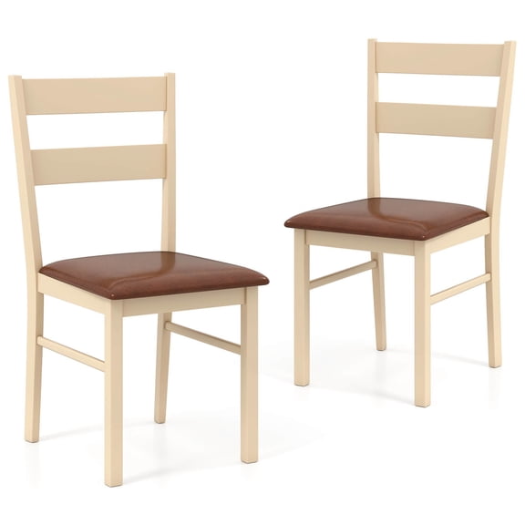 Wooden Dining Chair Set of 2 – Rubber Wood Frame, PU Leather Padded Seat, Ergonomic Kitchen & Dining Room Chairs, White Brown, Durable and Comfortable