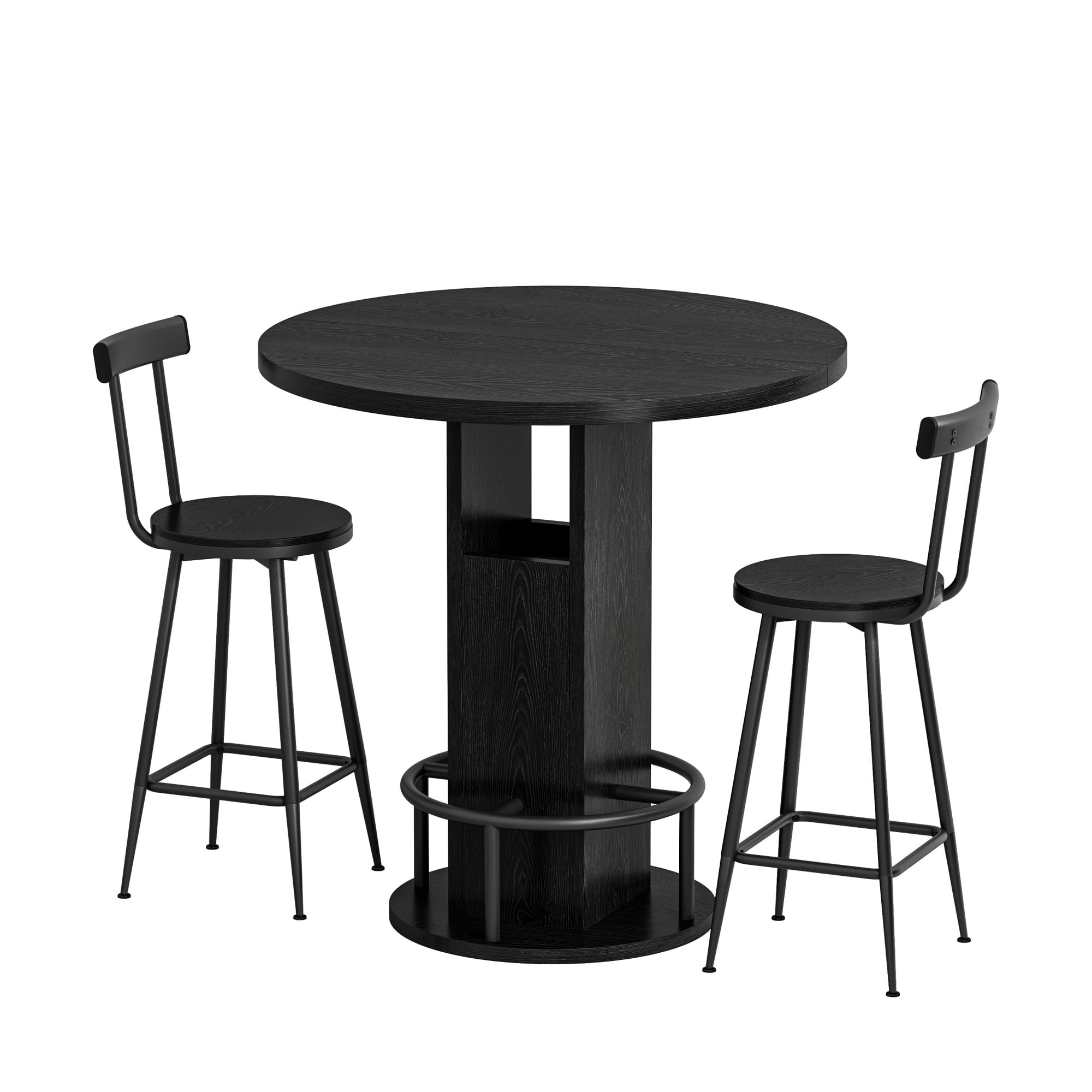 Leumius 3-Piece Bar Table and Stool Set, 31.5-inch Round Bar Table with 2 Stools Compact Wooden Dining Bar with Metal Ring Footrest for Restaurants Cafes Bars Living Rooms and Small Spaces Black