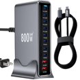 thumbnail image 1 of Bloque de cargador rápido USB C de 800 W, estación de carga USB dual PD 3.1 de 140 W, GaN. Estación de carga rápida Pro de 10 puertos PD PPS para múltiples dispositivos, cargador de pared para computa, 1 of 1