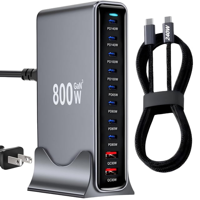 Bloque de cargador rápido USB C de 800 W, estación de carga USB dual PD 3.1 de 140 W, GaN. Estación de carga rápida Pro de 10 puertos PD PPS para múltiples dispositivos, cargador de pared para computa