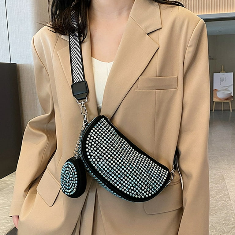 Fashion Sling Waist Pack PU Leather Women Crossbody Bags Rhinestone Diamond  Handbags Wide Strap Saddle Purse Travel Shoulder Bag