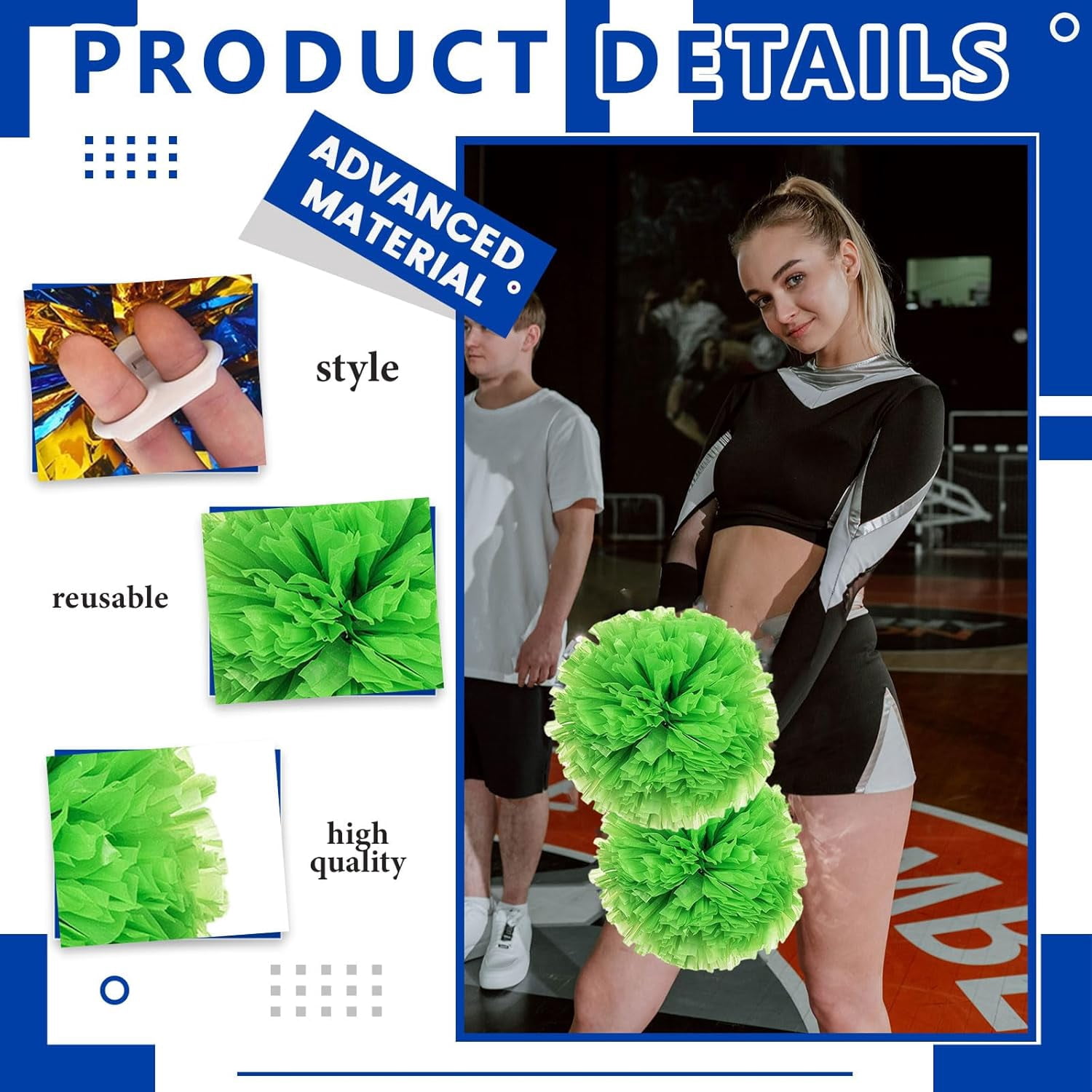 12 PCS pom poms Cheerleading,13.8inch Sports Team Spirits Cheering Squad Dance Training with Finger Rings
