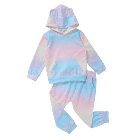 

Kucnuzki 3T Toddler Girl Fall-Winter Outfits Pants Sets 4T Long Sleeve Tie Dye Prints Cozy Hooded Sweatshirt Tops Elastic Pants 2PCS Set Blue