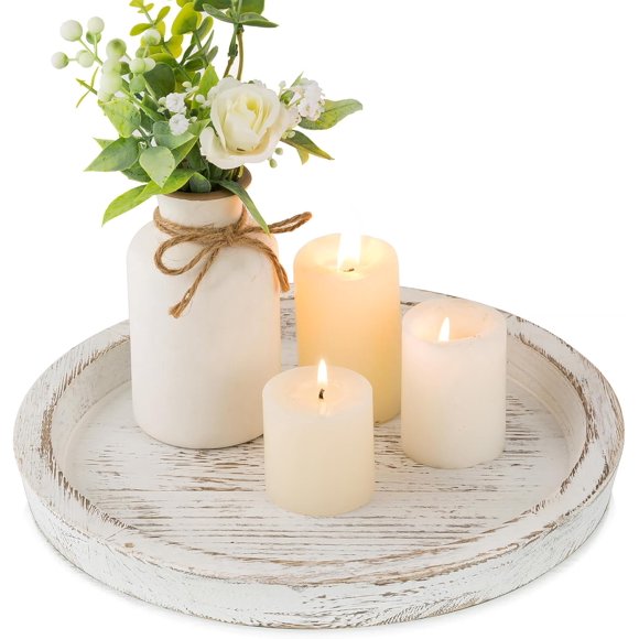 Candle Holder Tray Decor Round Coffee Table Decorative Tray for Home Decor Farmhouse Wood Plate Circle Display for Living Room Kitchen Centerpiece