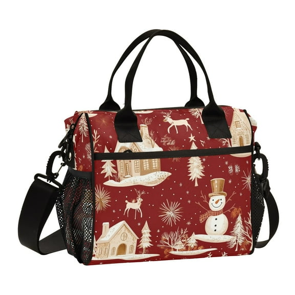 Ckdifva Christmas Snowmans Houses Red Cooler Bag Cooler Cooling Tote Lunch Bag Lunch Box Front Pocket with Shoulder Strap