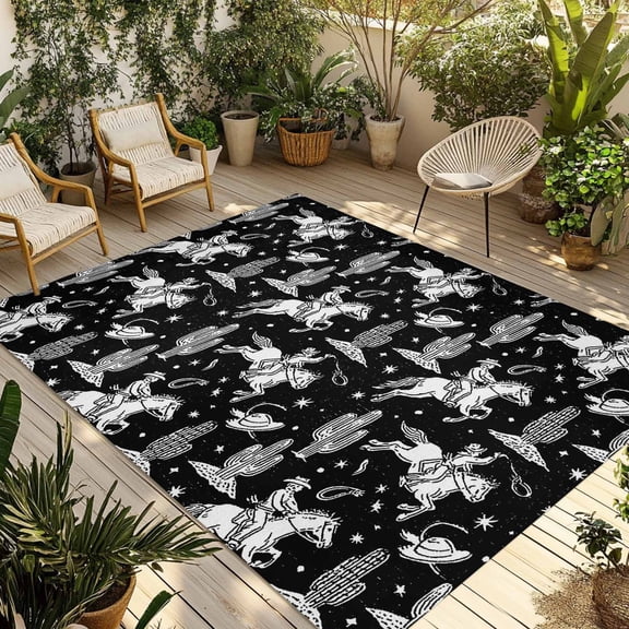 Western Cowboys Outdoor Rug for Patio/Deck/Porch, Non-Slip Large Area Rug 5 x 7 Ft, Vintage Desert Cactus Horseshoe Black Indoor Outdoor Rugs Washable Area Rugs, Reversible Camping Rug Carpet Runner