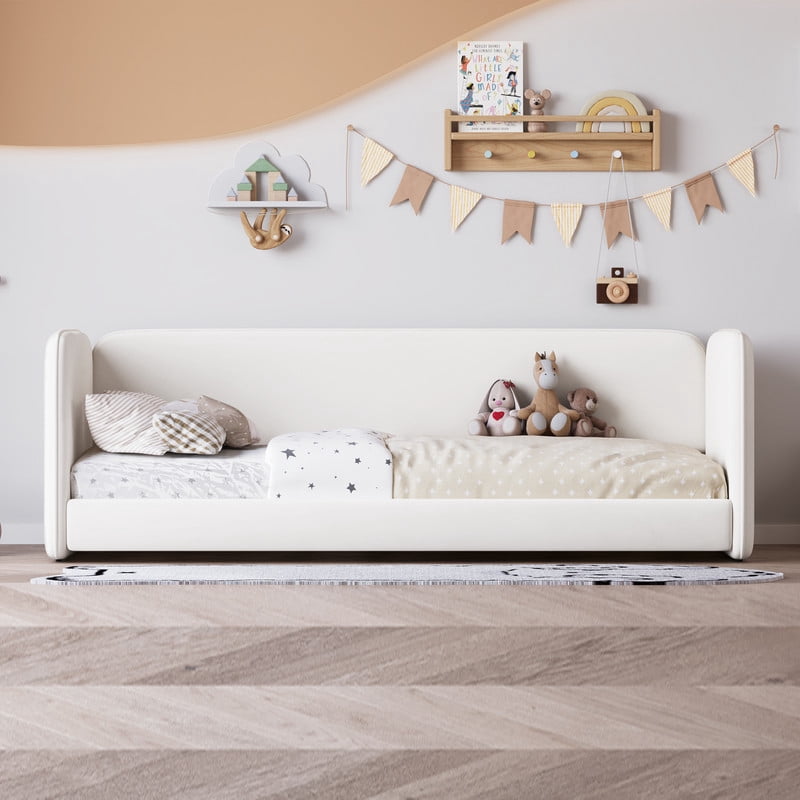 Twin Size Kids Low Profile Platform Floor Bed with Headboard and Armrests, Velvet Upholstered Child Daybed Frame with Guardrail