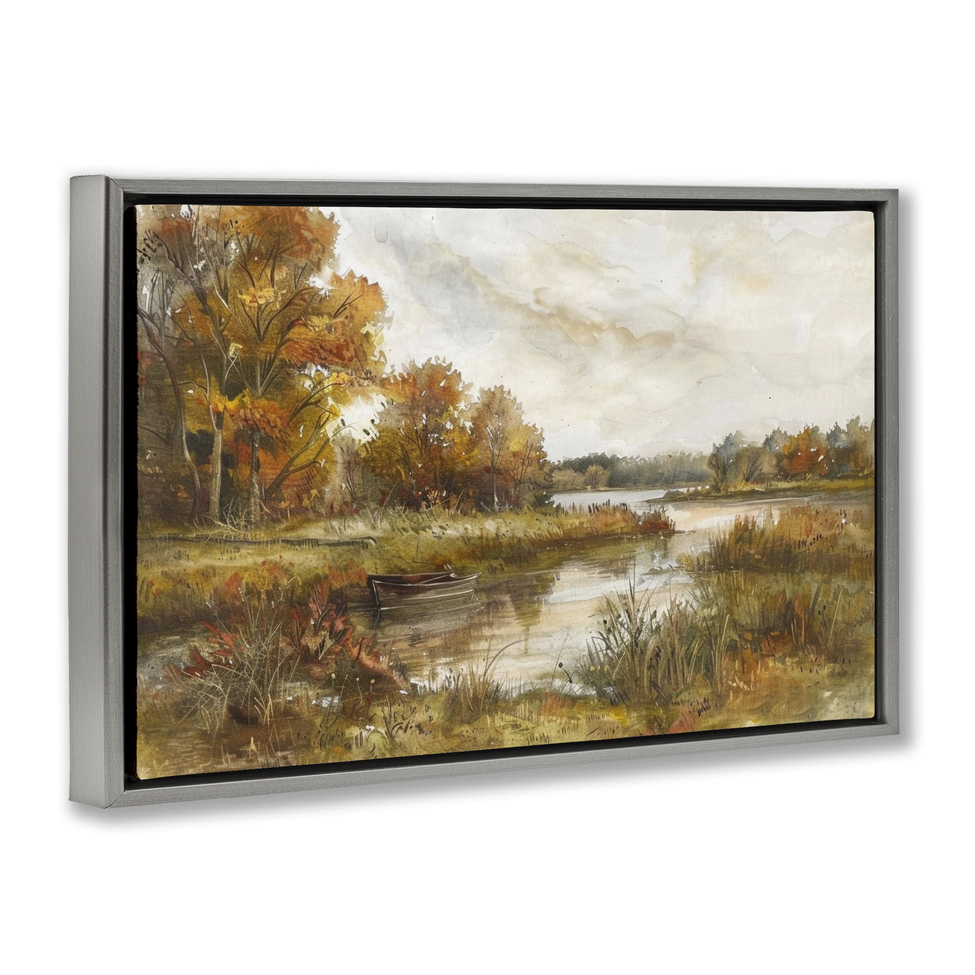 Stupell Industries Fall Scenic River Boat Landscape & Nature Painting Gray Floater Framed Canvas Art Print Wall Art, 25 x 17