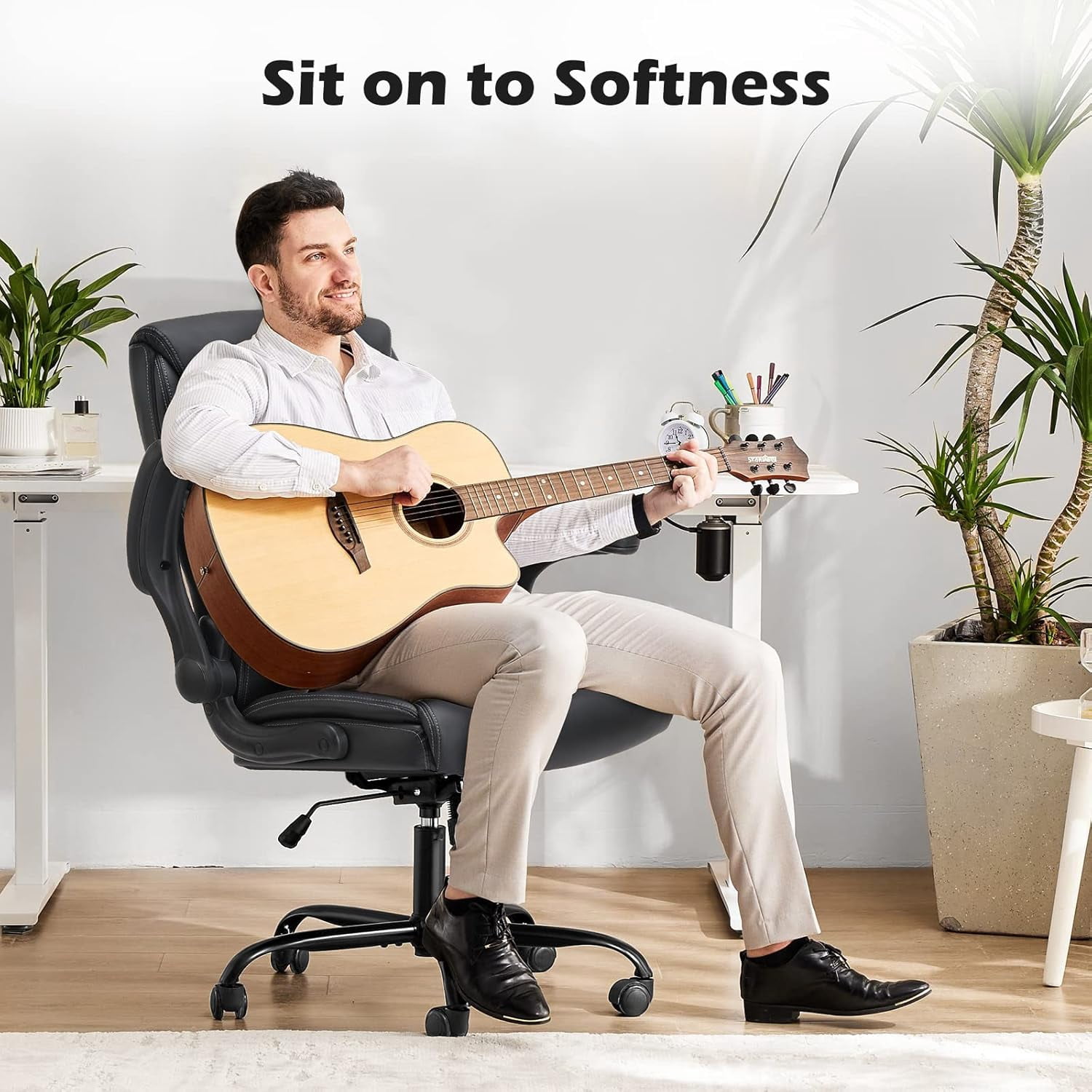 Ergonomic Office Chair, High Back Executive Desk Chair with Lumbar Support, Adjustable PU Leather Computer Chair with Flip-up Arms, Swivel Rolling Wheels Chair for Home and Office Use