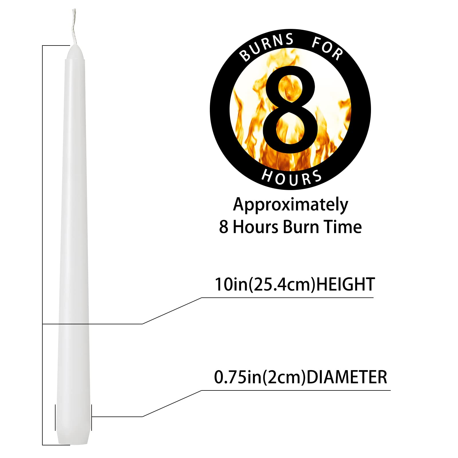 24 Pack Tall White Taper Candles 10 Inch Dripless Unscented Smokeless Paraffin Wax Cotton Wick Dinner Candles 8 Hours Burn Time