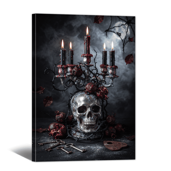 Gothic Halloween Canvas Wall Art Candle Skull Pomegranate Picture Print, Spooky Atmosphere Dark Academia Vintage Painting for Living Room Bedroom Home Office Decor