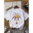 thumbnail image 3 of 1pc Girls Oversized Palm Tree Print Pullover Navy Blue Short Sleeve T-Shirt, Student Youth Clothing Perfect For Beach Playtime In Summer, 3 of 6