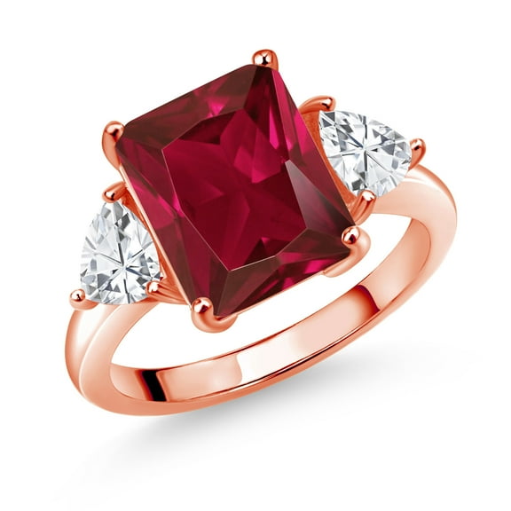Gem Stone King 18K Rose Gold Plated Silver Red Created Ruby 3 Stone Ring for Women (7.24 Cttw, Octagon 12X10MM, Trillion 5X5MM, Gemstone July Birthstone, Size 9)