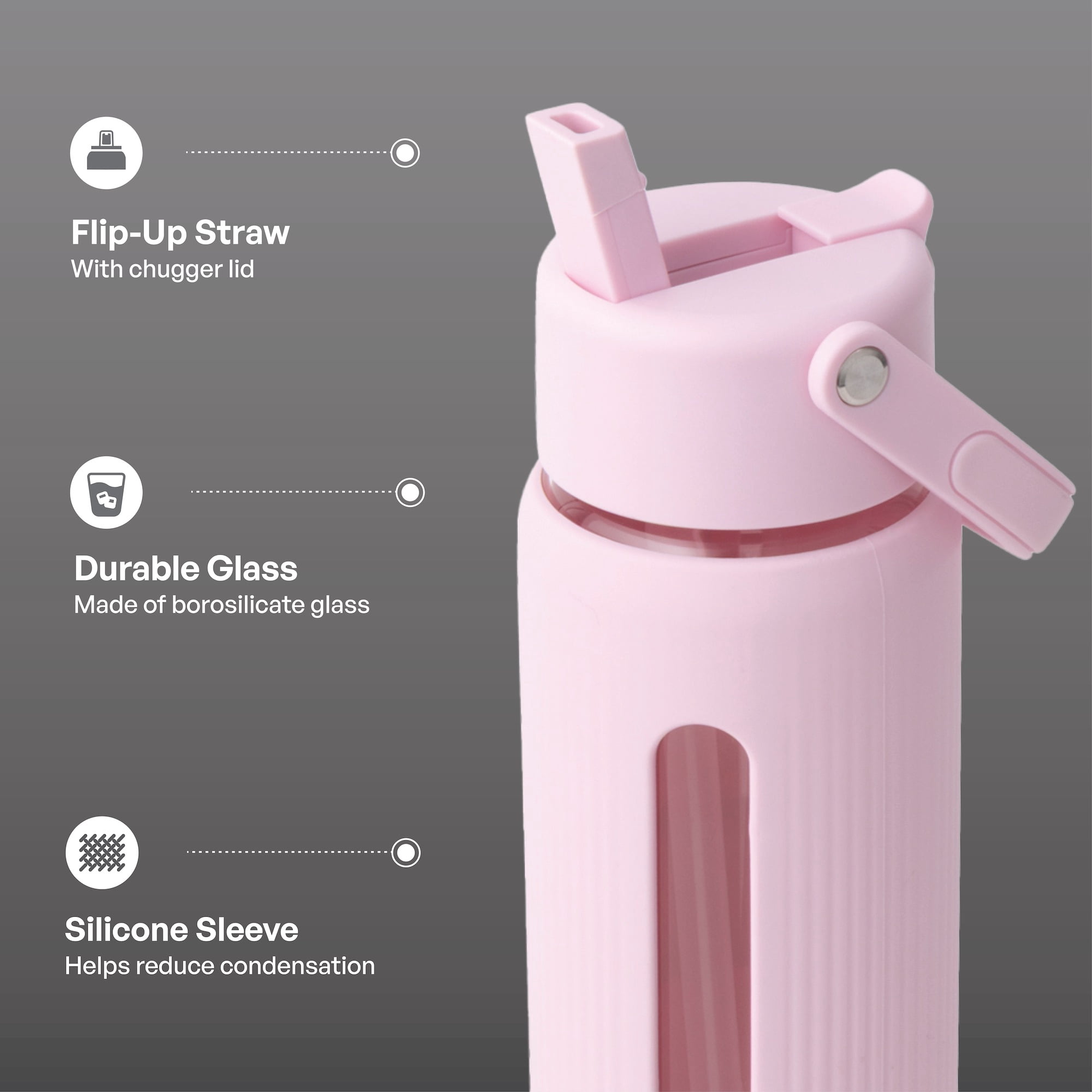 TAL 24oz Glass Willow Water Bottle with Flip-up Straw and Handle, Light Pink