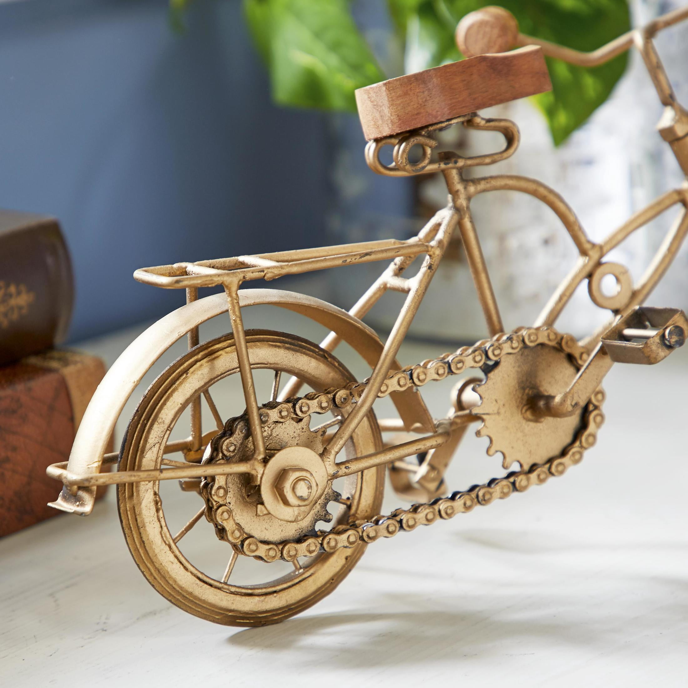 11" x 8" Gold Metal Bike Sculpture with Wood Accents, by DecMode