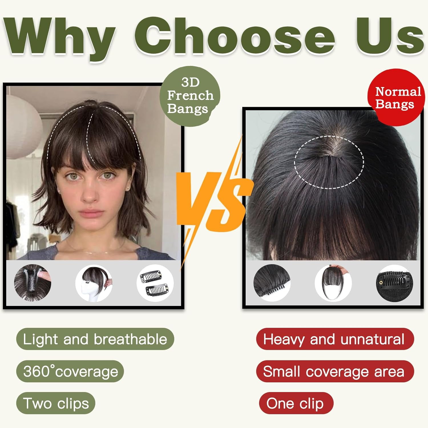 The Hair Clip 100% Real Human Hair Toppers 360°3D Cover Clip in Bangs Hair pieces Wispy Bangs for Women Hair Extensions Clip on French Bangs for Daily Wear