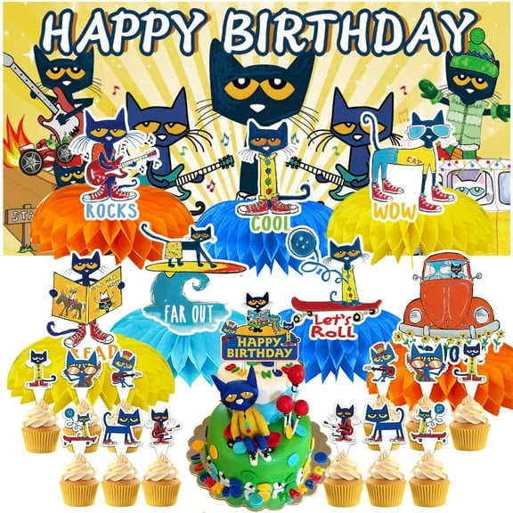 Pete the Cat Party Decorations Decor Supplies Honeycomb Centerpieces Table Toppers Cake Toppers for Birthday Photo Props