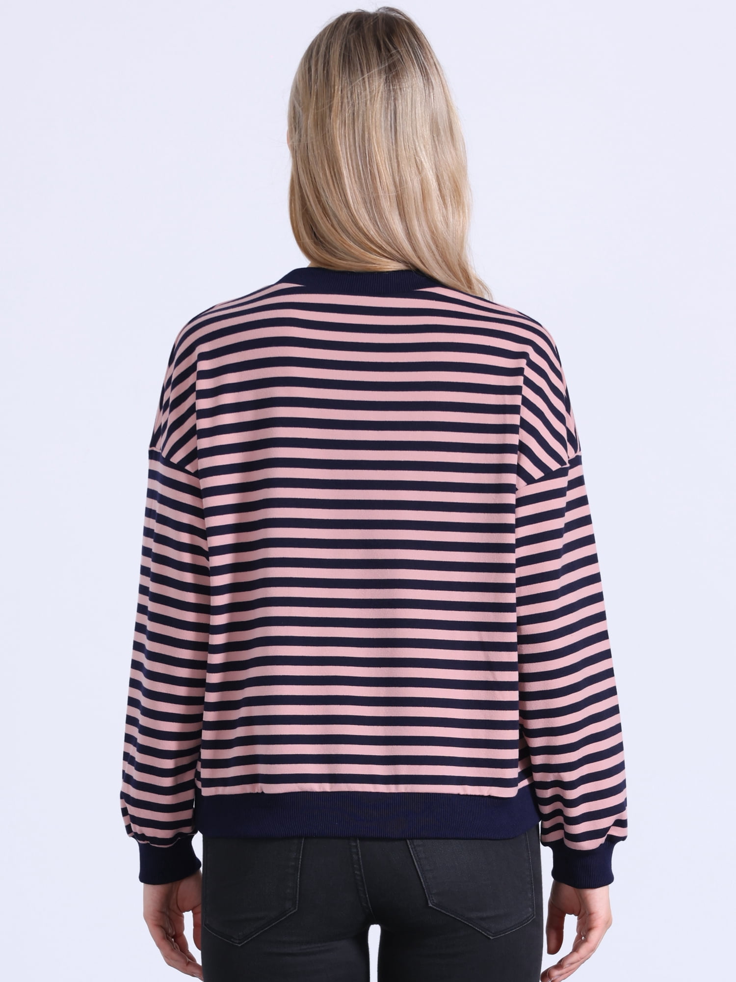 DARING DIVA Women's Crew Neck Striped Long Sleeve Sweatshirt S Pink