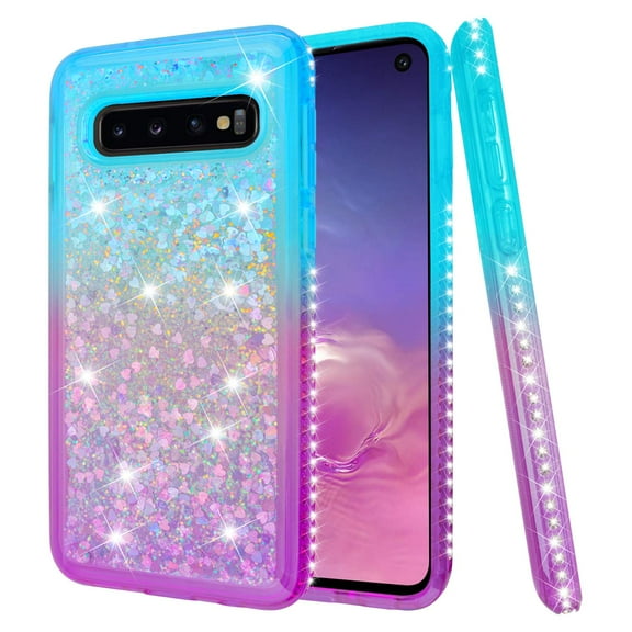 FIEWESEY For Samsung Galaxy S10 Phone case,[Durable and Cute] Colorful Quicksand Series Bling Diamond Flowing Liquid Floating Shockproof Cover for Samsung Galaxy S10 6.1 inch(Green/Purple)